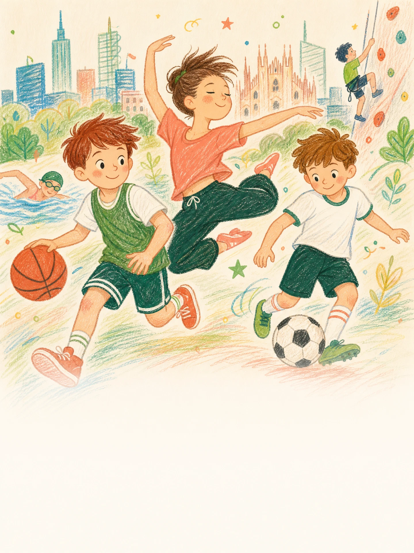 Illustrazione crayon dedicata alle attività sportive e creative